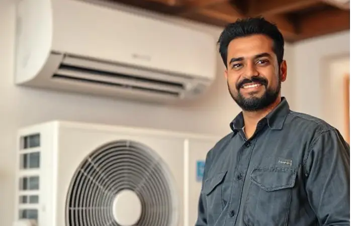 technician standing next to ac unit